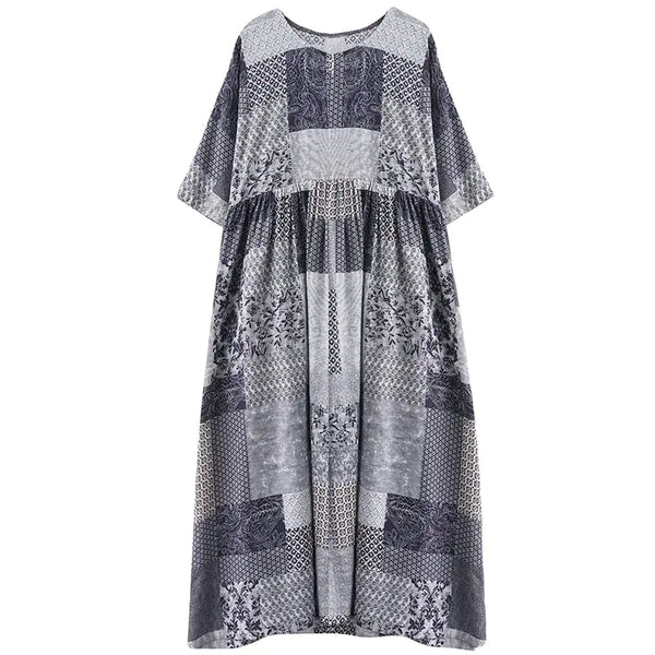Plus Size Loose Cotton Linen Plaid Short-Sleeved Dress
